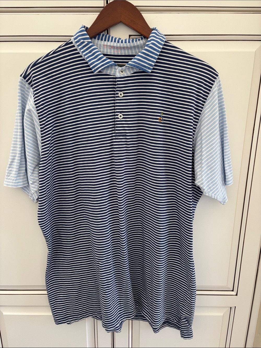 B Draddy Pima Cotton Golf Polo Blue Striped Short Sleeve Shirt Peru Mens Large